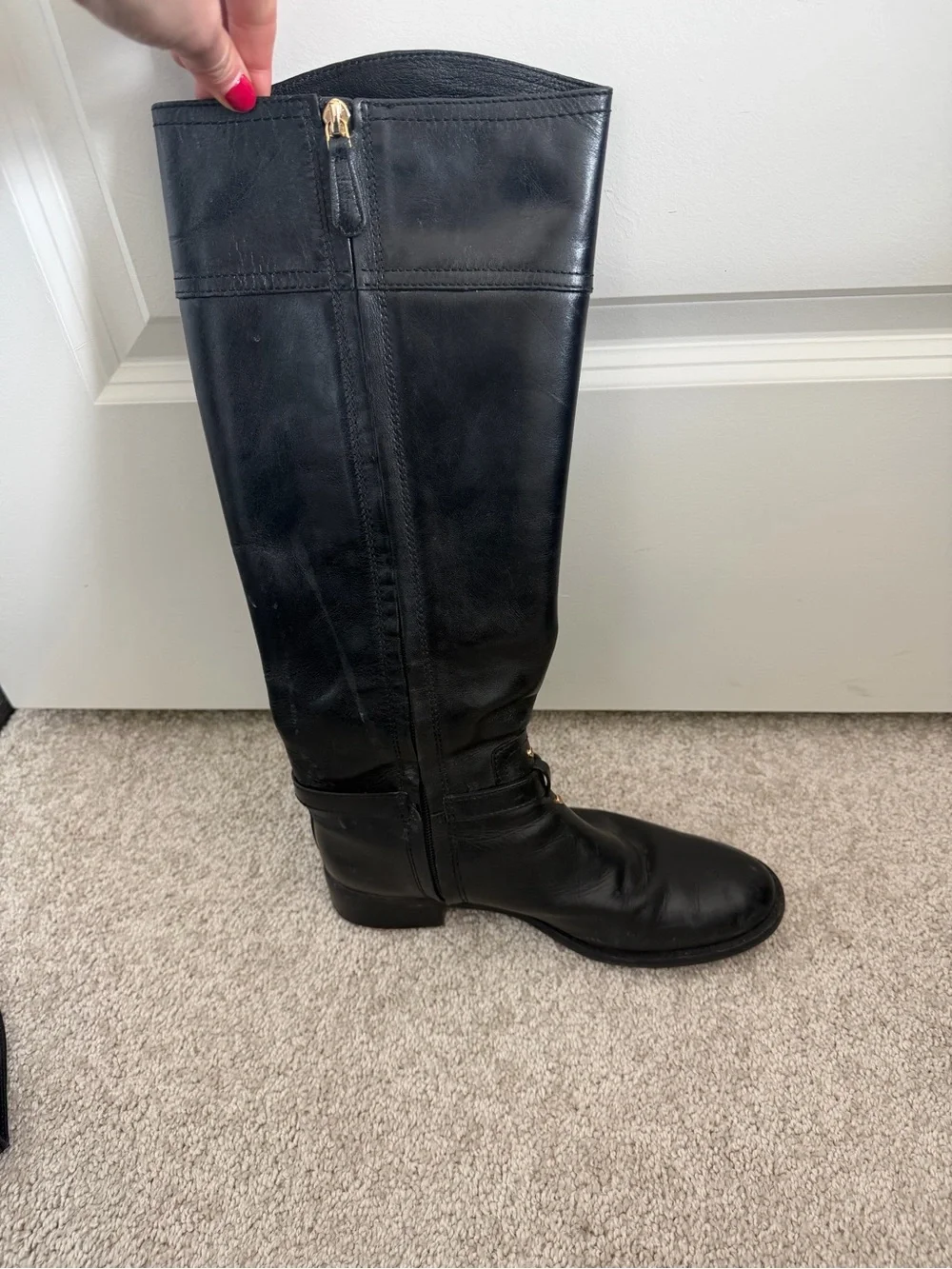 Tory Burch Black Leather Knee-High Boots with Gold Logo